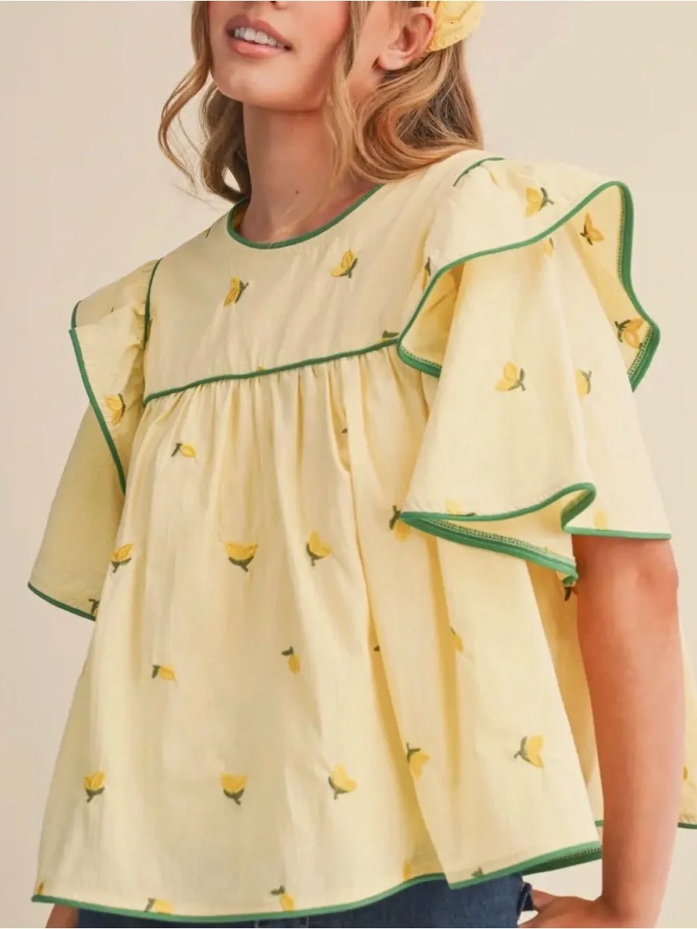 Yellow Lemon Embroidered Flutter Sleeve Top - Picture 1 of 1